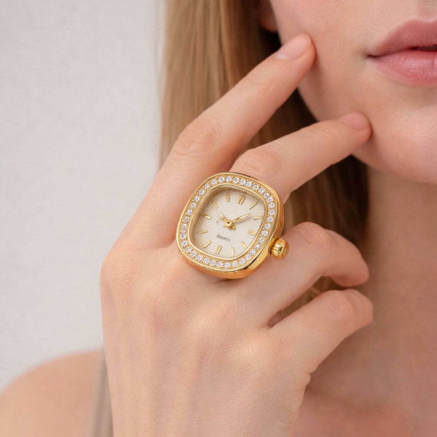 18K Gold Plated Zircon Square Dial Ring Watch