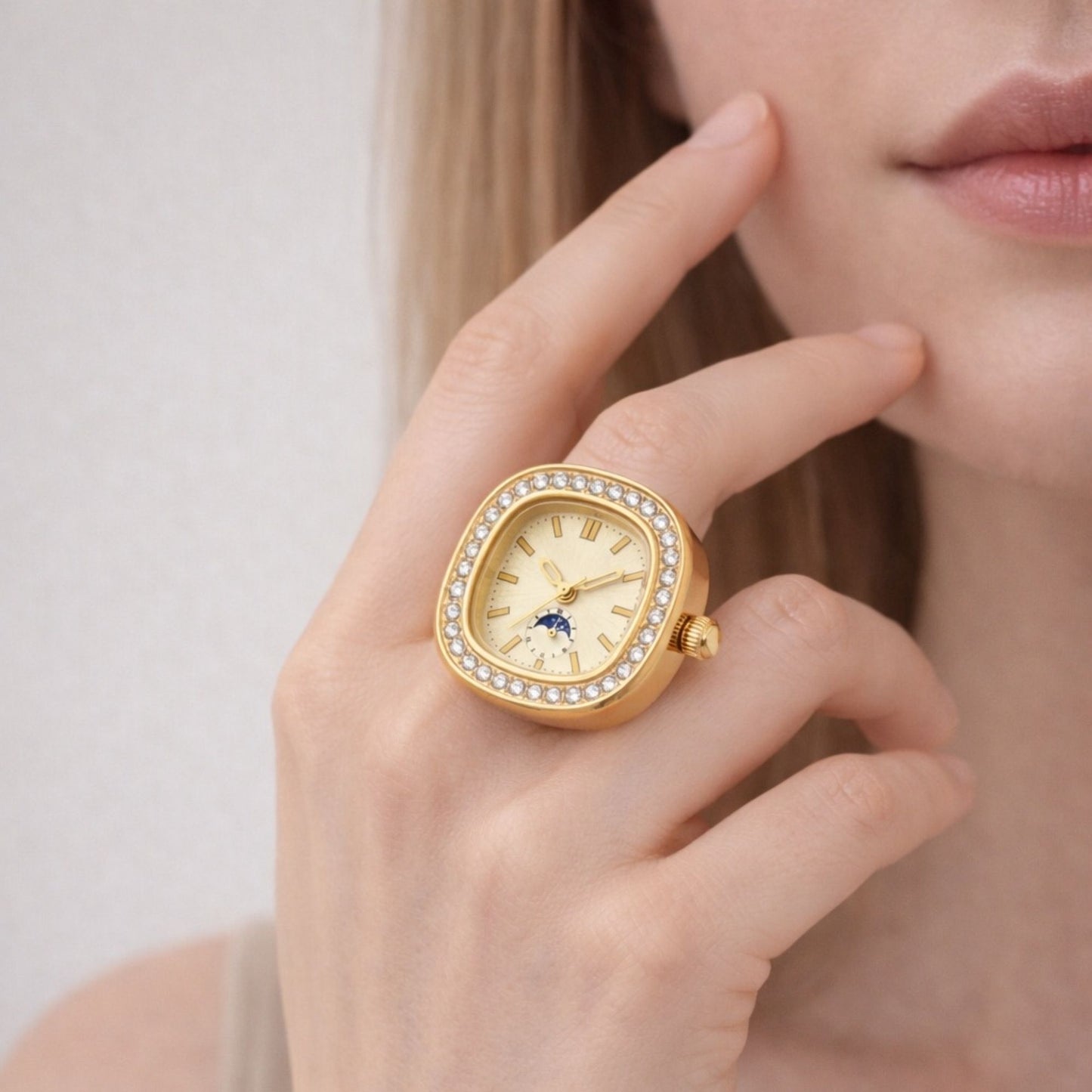 18K Gold Plated Zircon Embellished Square Ring Watch