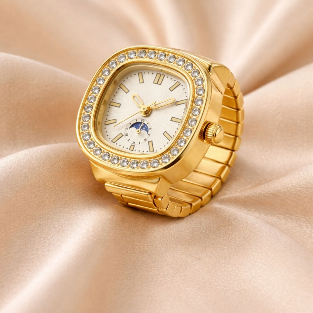 18K Gold Plated Zircon Embellished Square Ring Watch