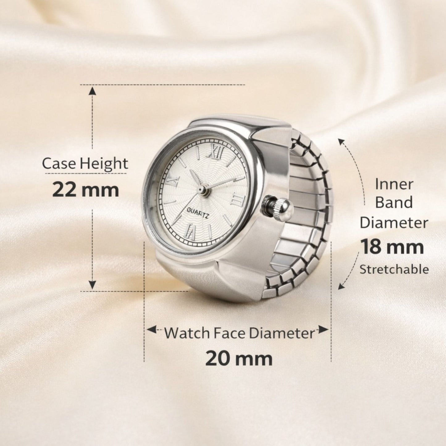 18K Quartz Finger Ring Watch - Silver (Roman Numeral Dial)