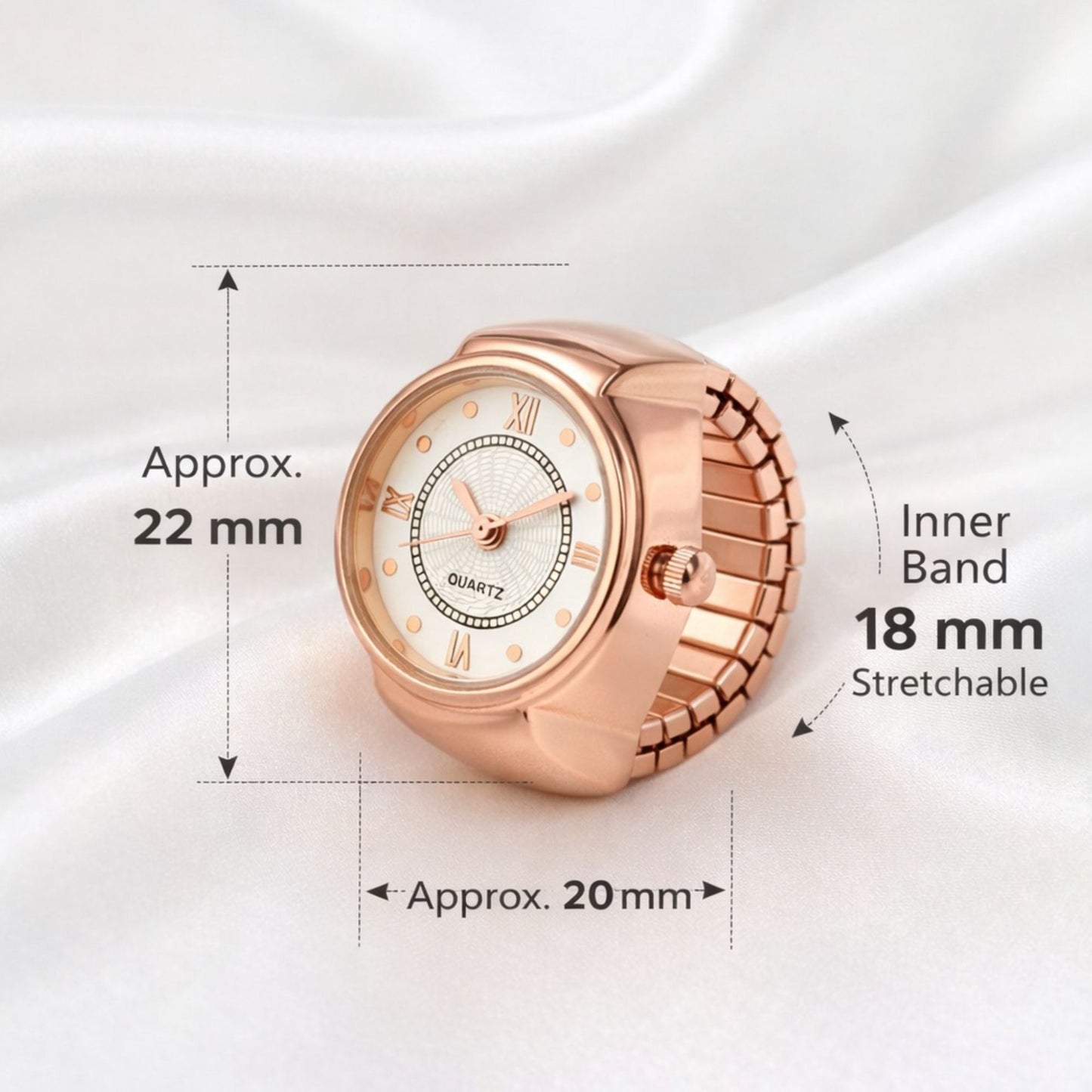 18K Quartz Finger Ring Watch - Rose Gold (Dot & Roman Dial)