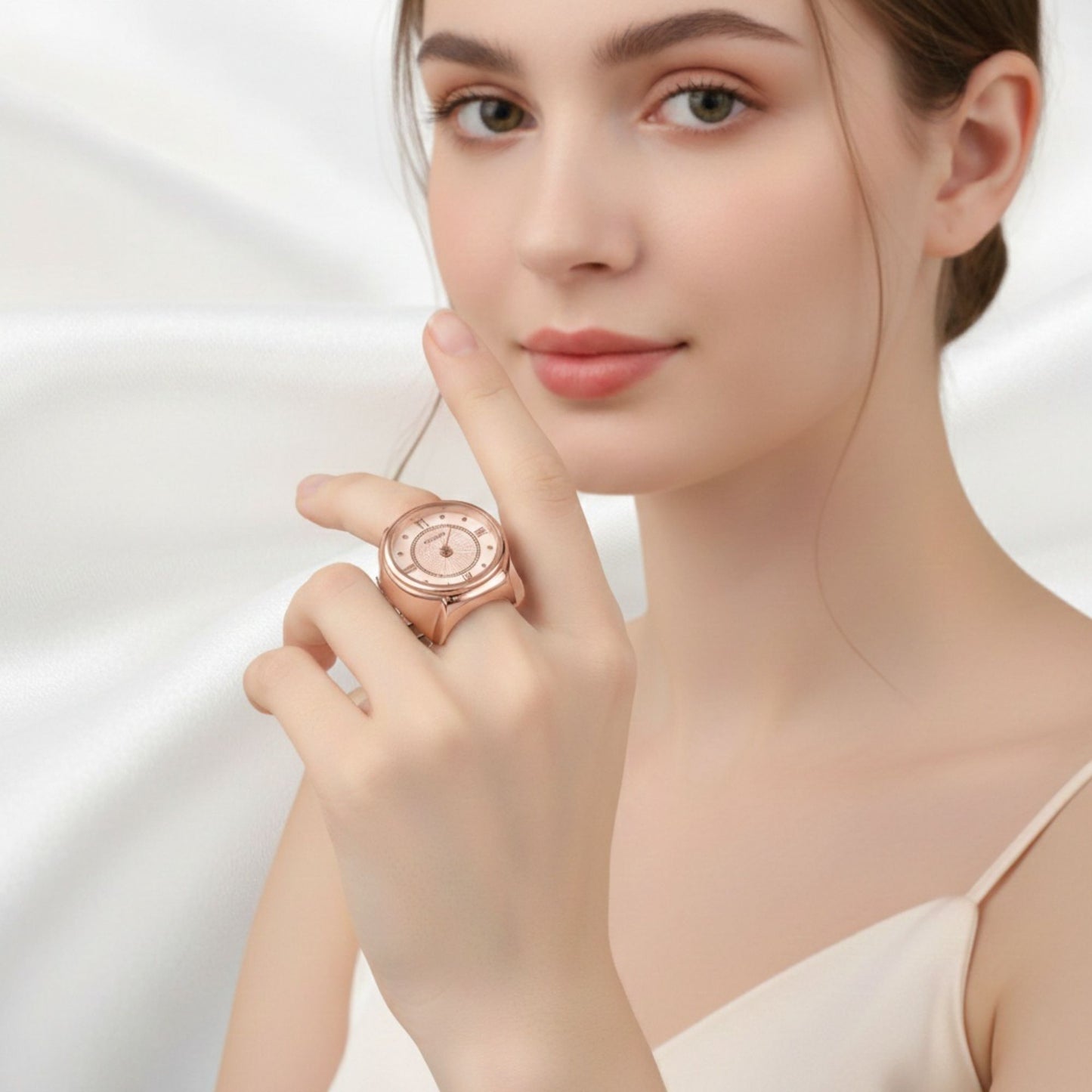 18K Quartz Finger Ring Watch - Rose Gold (Dot & Roman Dial)