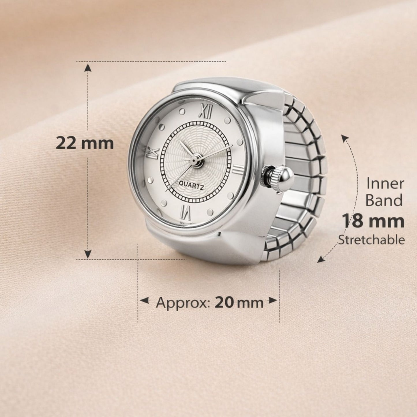 18K Quartz Finger Ring Watch - Silver (Dot & Roman Dial)