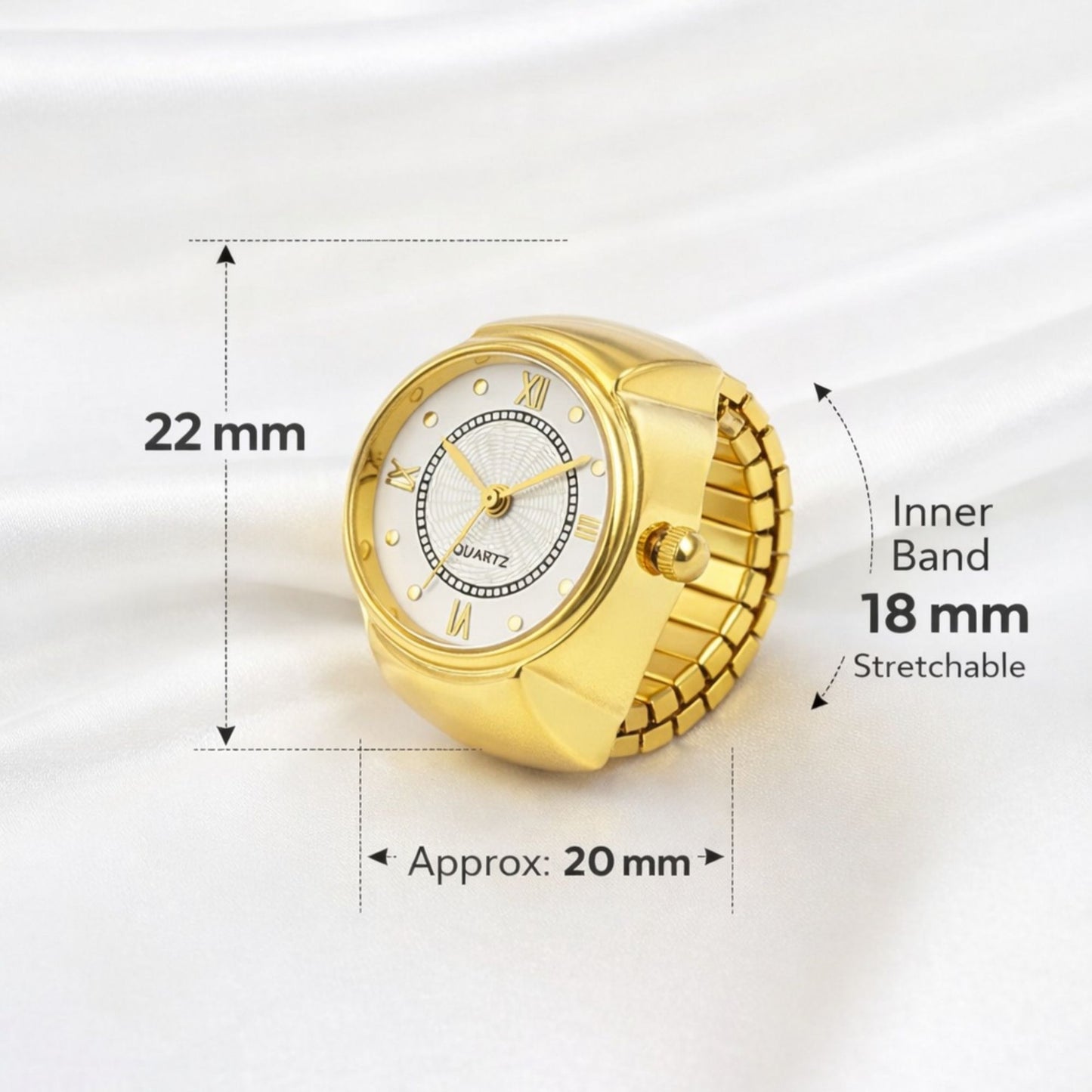 18K Quartz Finger Ring Watch - Gold (Dot & Roman Dial)