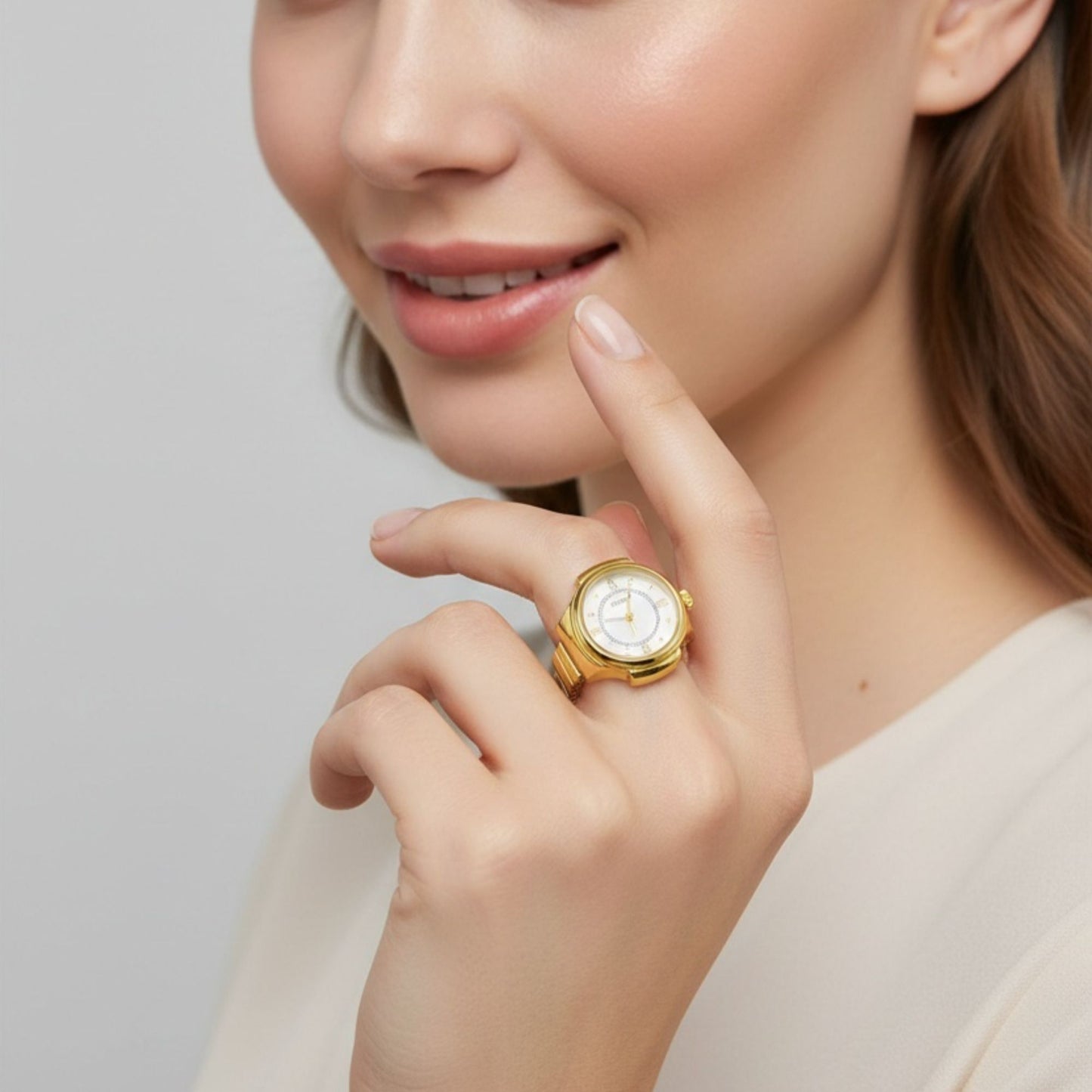 18K Quartz Finger Ring Watch - Gold (Dot & Roman Dial)