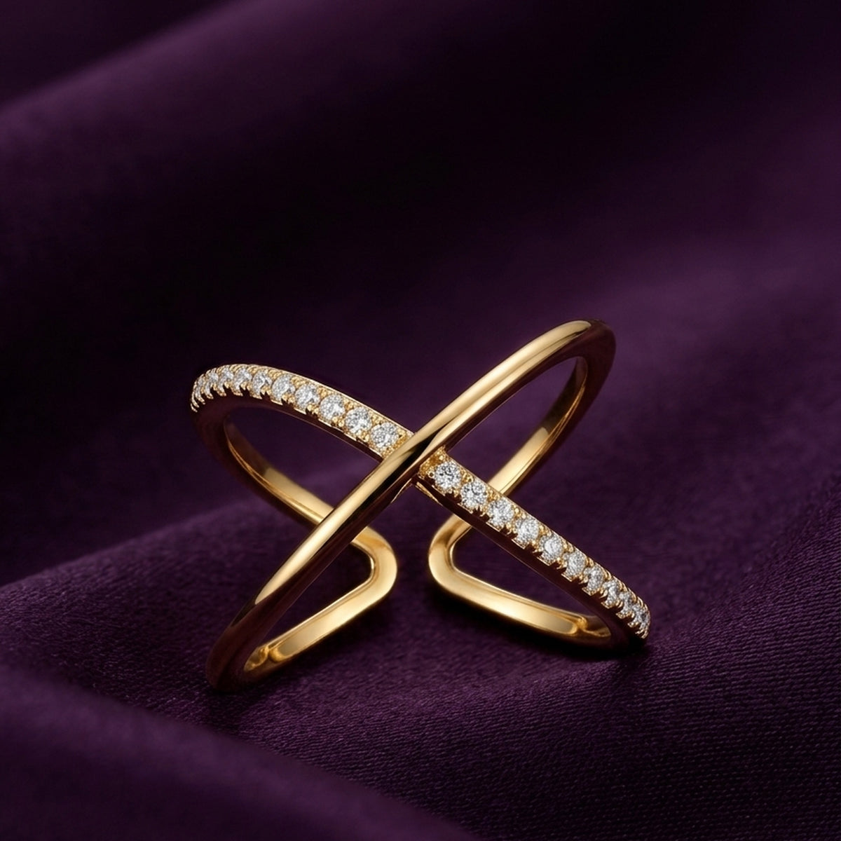 18K Gold Plated X-Cross CZ Criss-Cross Open Ring