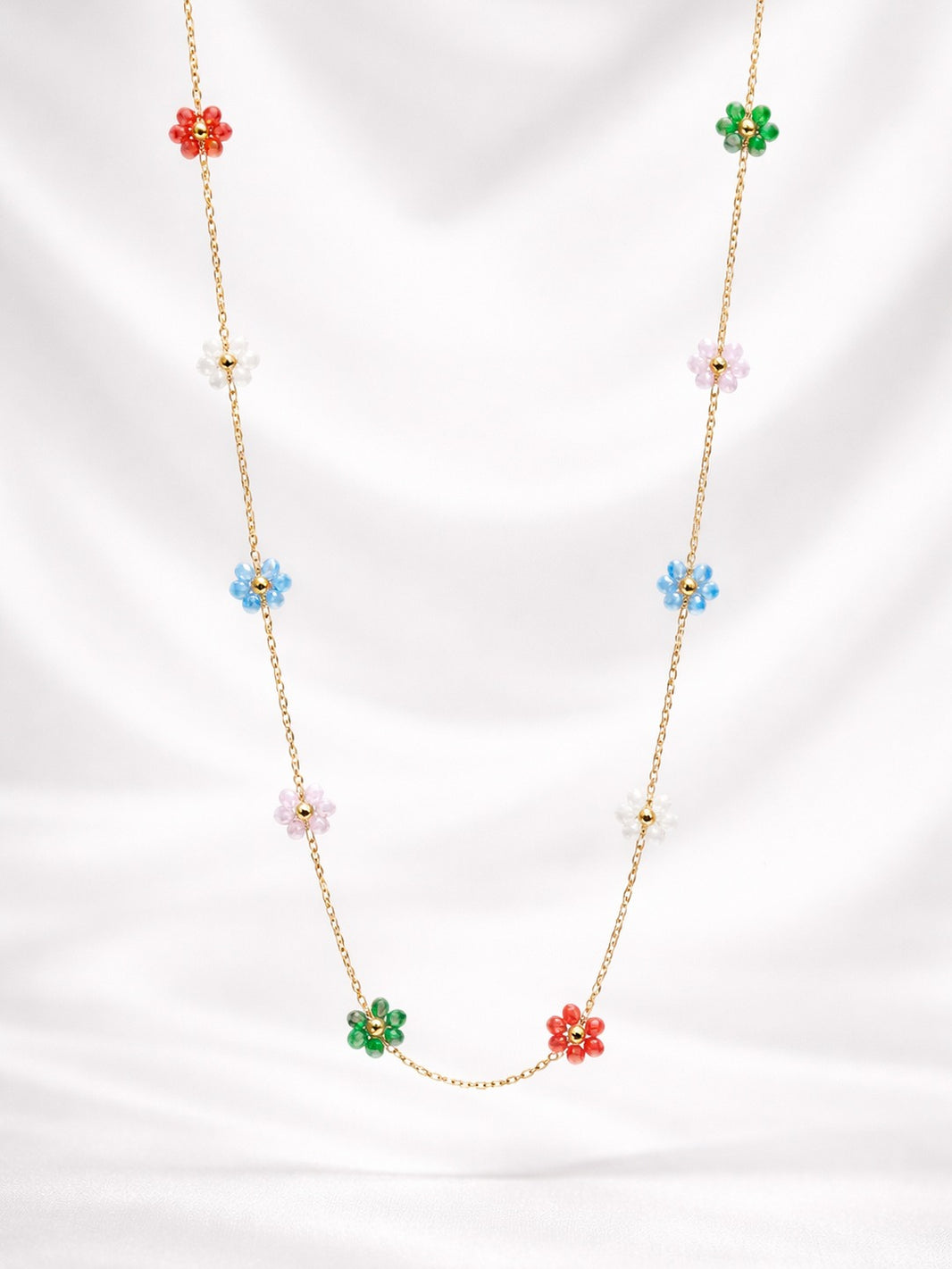 18K Gold Plated Multicolour Beaded Floral Station Necklace