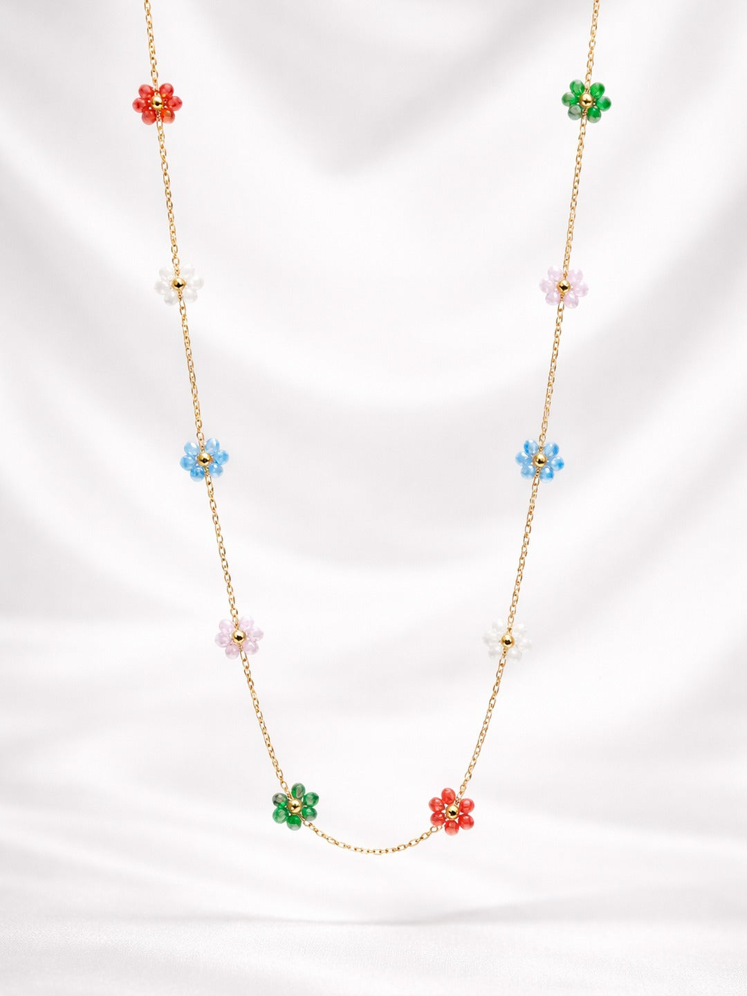 18K Gold Plated Multicolour Beaded Floral Station Necklace