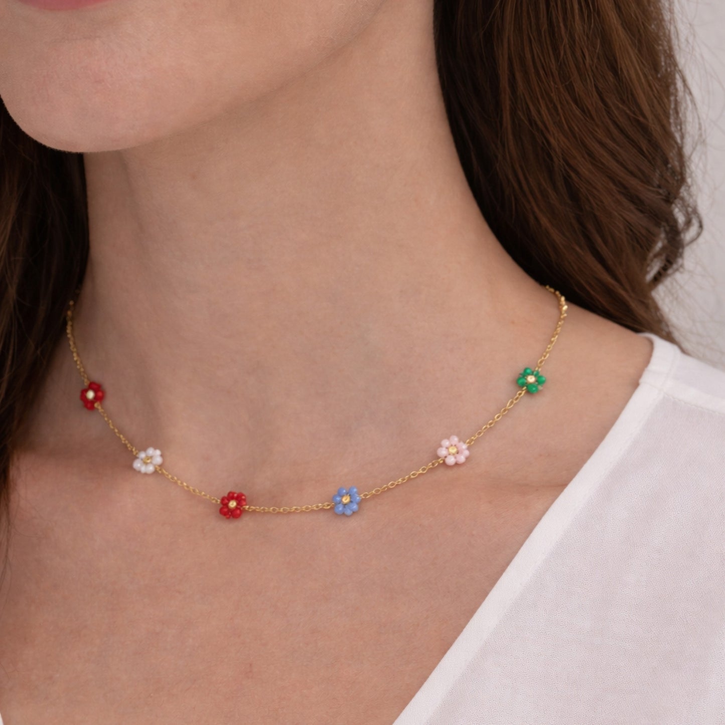 18K Gold Plated Multicolour Beaded Floral Station Necklace