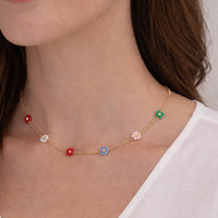 18K Gold Plated Multicolour Beaded Floral Station Necklace