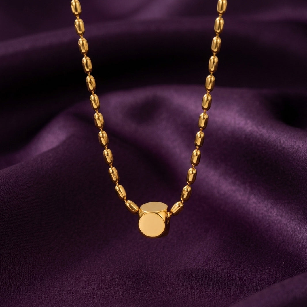 18K Gold Plated Oval Bead Chain Cube Pendant Necklace
