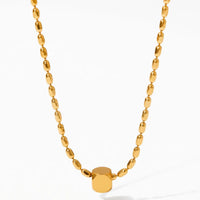 18K Gold Plated Oval Bead Chain Cube Pendant Necklace