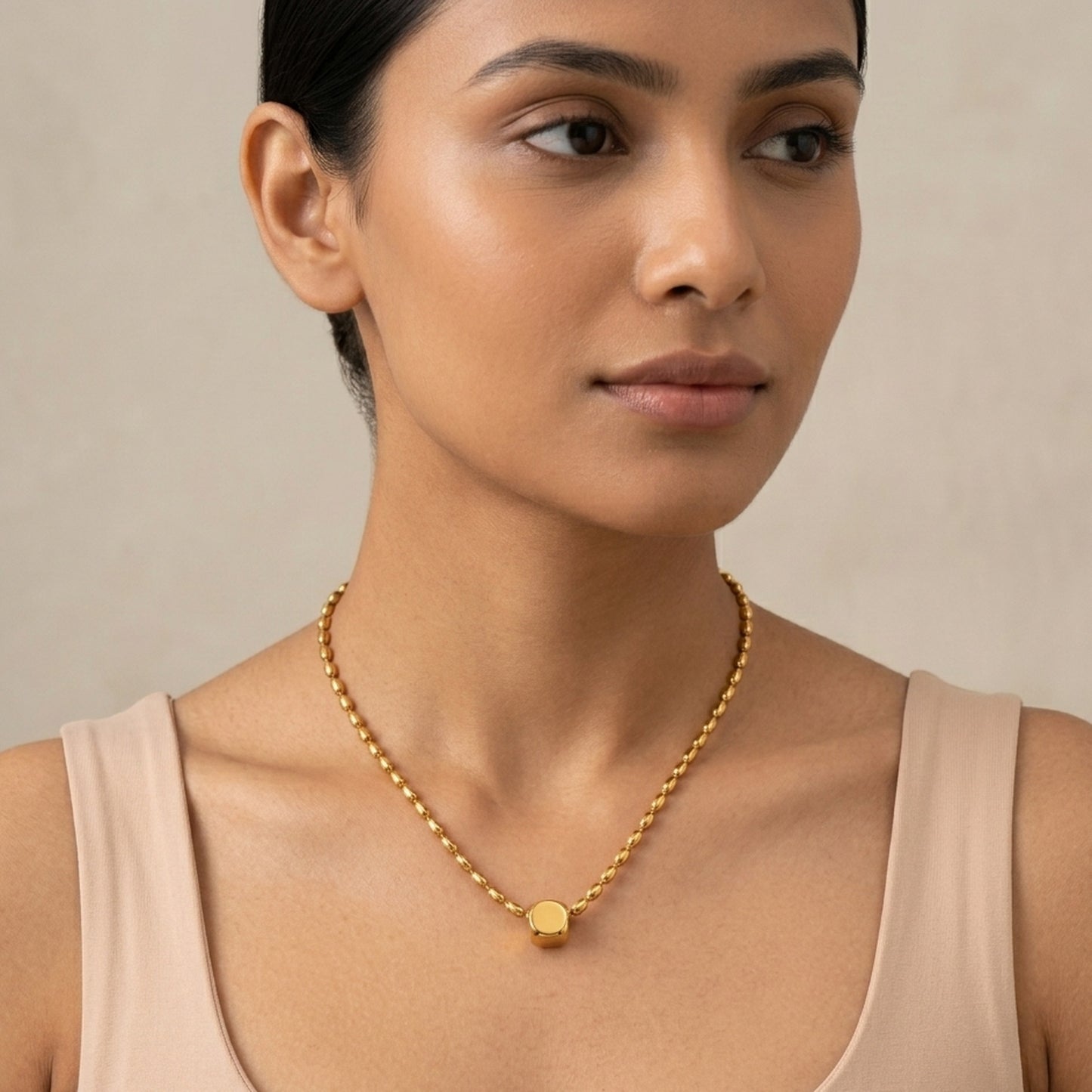 18K Gold Plated Oval Bead Chain Cube Pendant Necklace