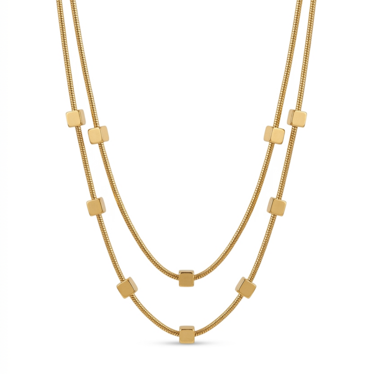 18K Gold Plated Double Layered Snake Chain Cube Station Necklace