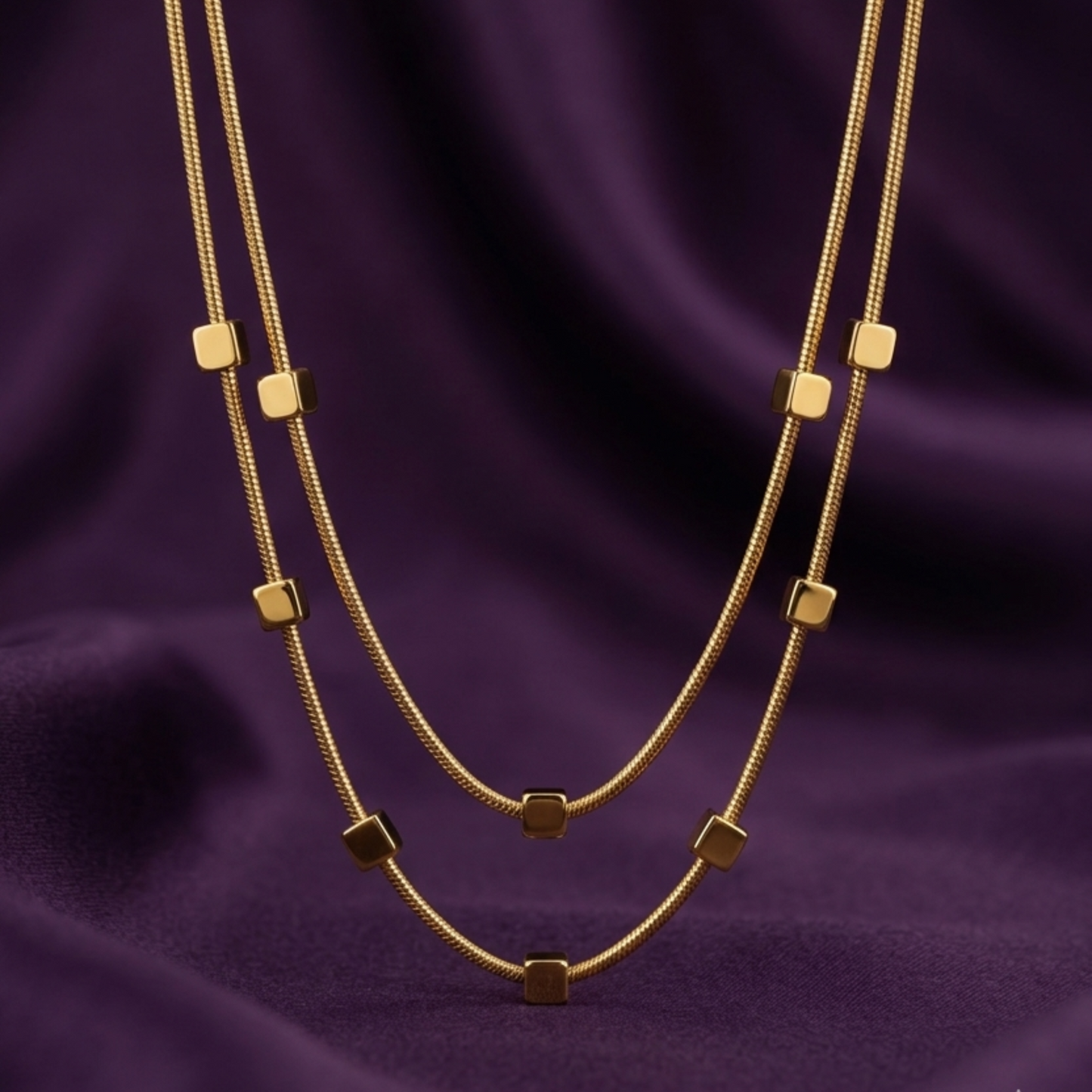 18K Gold Plated Double Layered Snake Chain Cube Station Necklace