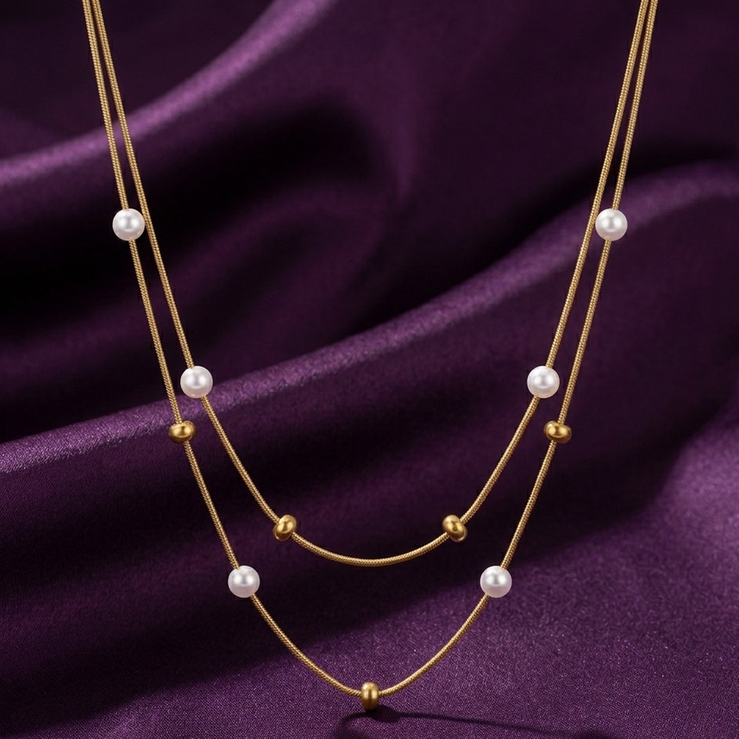 18K Gold Plated Double Layered Pearl Station Snake Chain Necklace