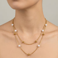 18K Gold Plated Double Layered Pearl Station Snake Chain Necklace