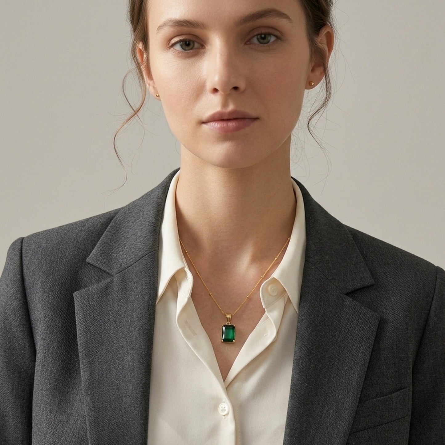 18K Gold Plated Green Emerald-Cut CZ Solitaire Pendant Satellite Chain Necklace