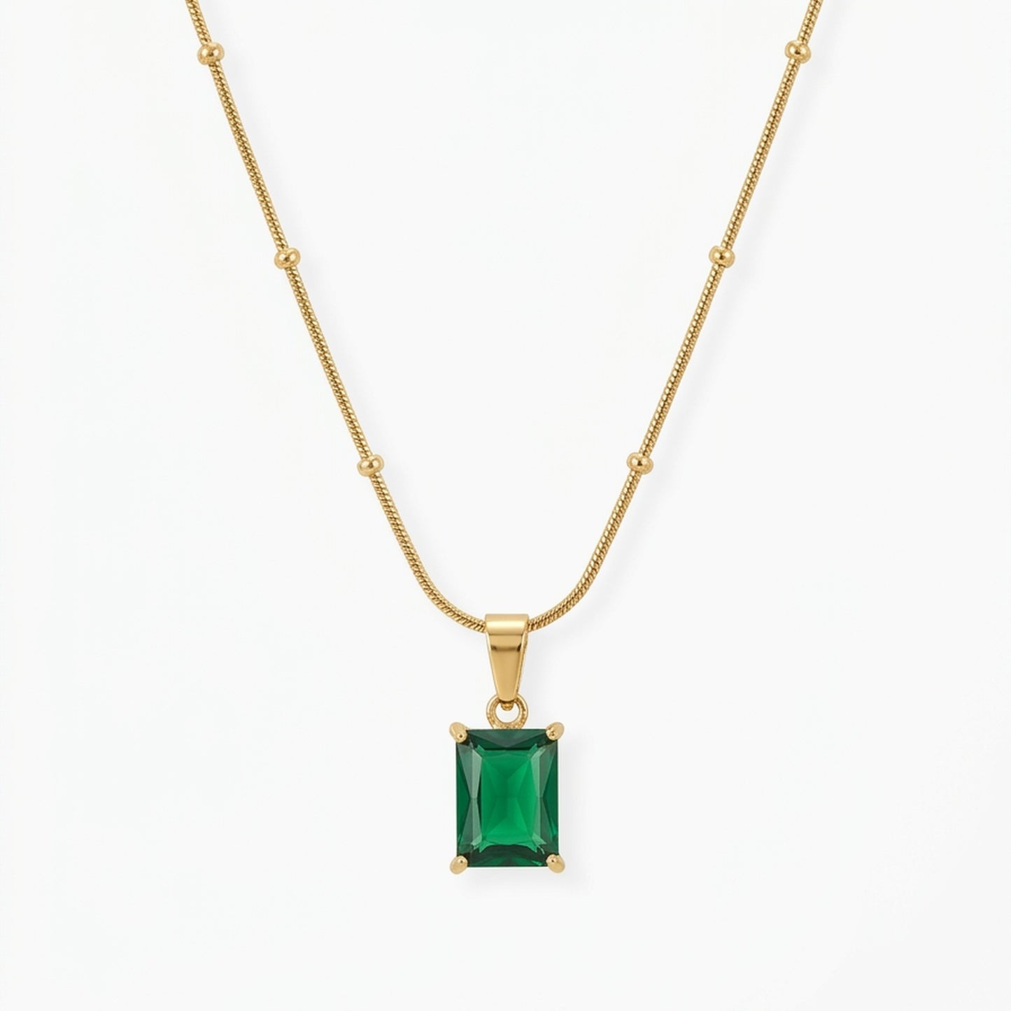 18K Gold Plated Green Emerald-Cut CZ Solitaire Pendant Satellite Chain Necklace