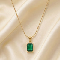 18K Gold Plated Green Emerald-Cut CZ Solitaire Pendant Satellite Chain Necklace