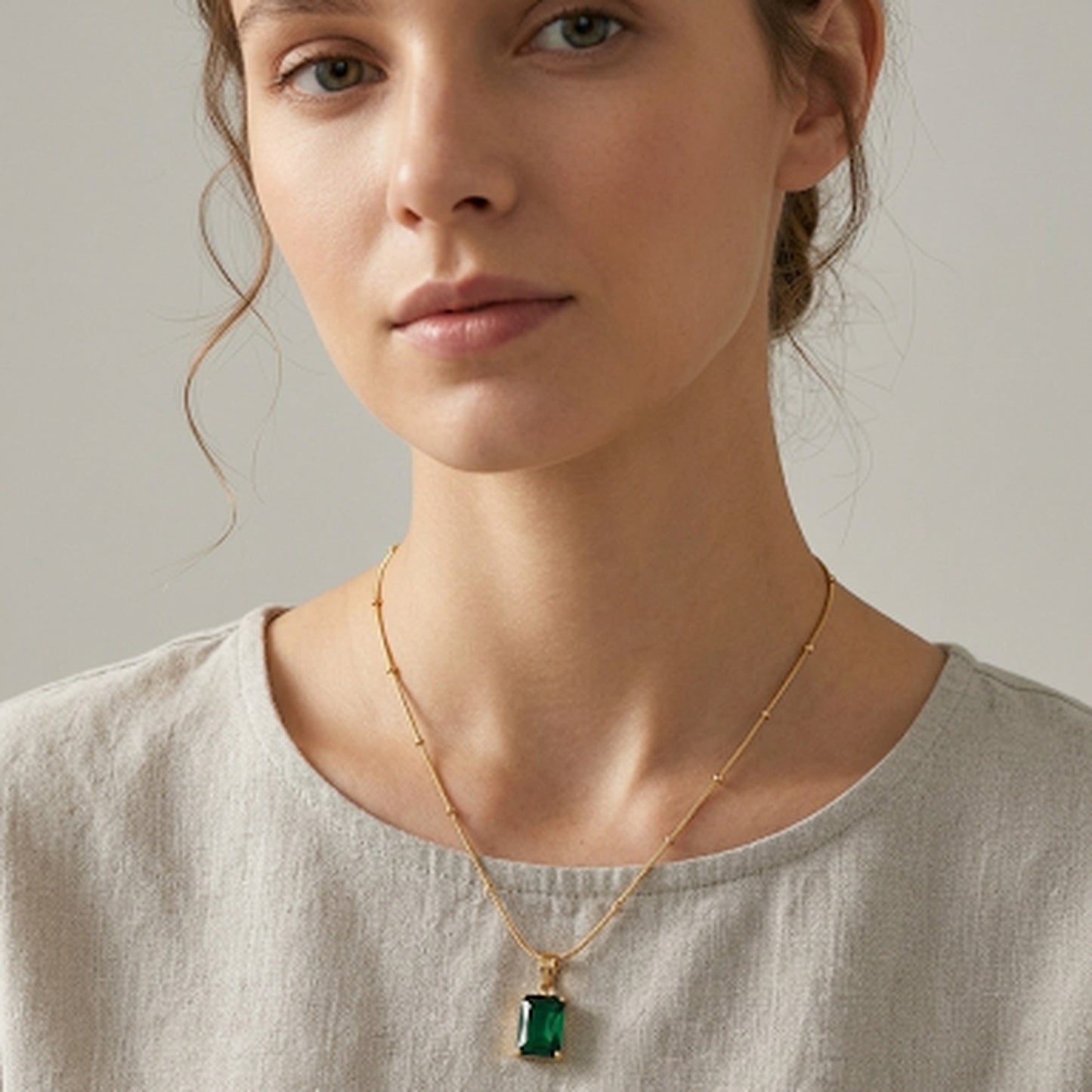 18K Gold Plated Green Emerald-Cut CZ Solitaire Pendant Satellite Chain Necklace