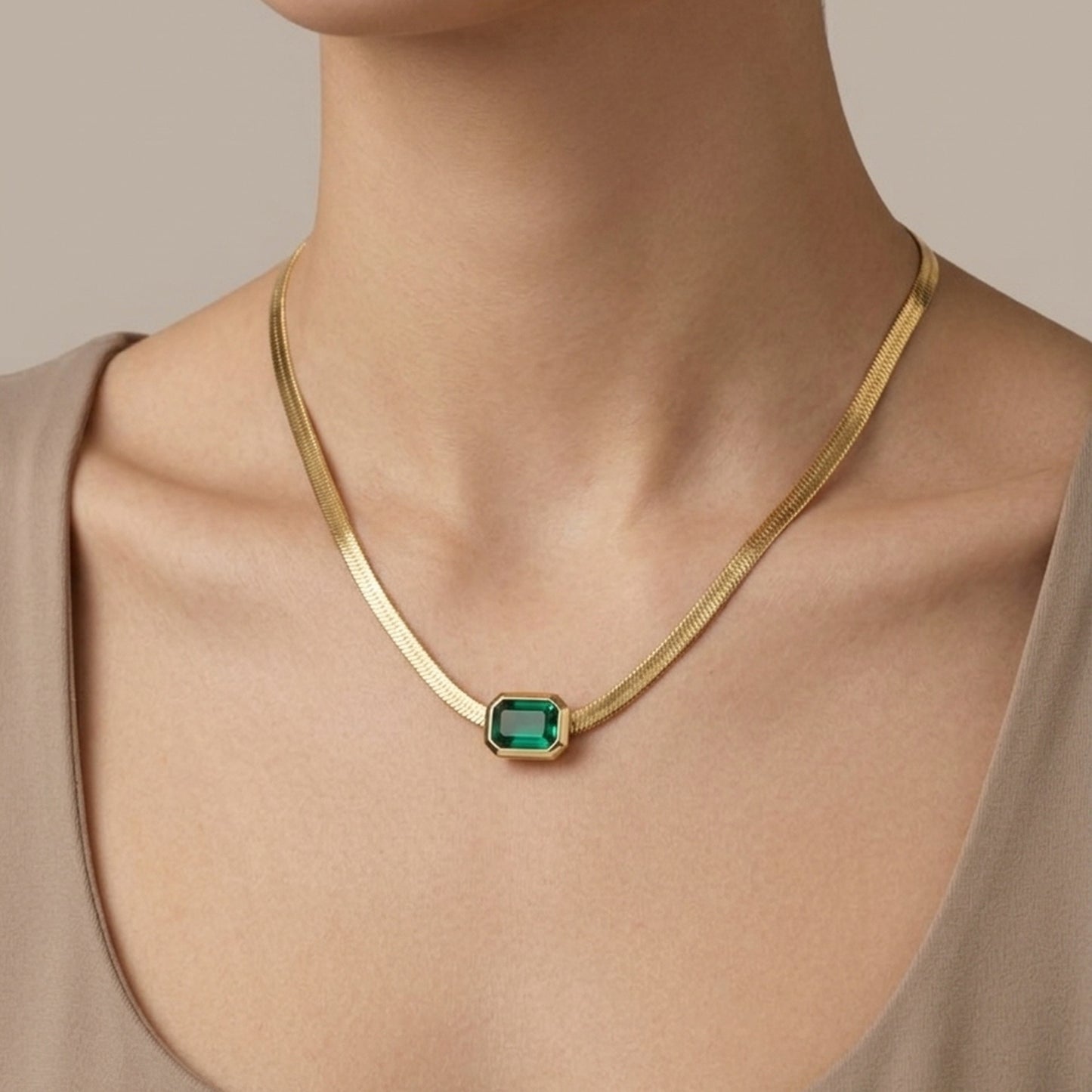 18K Gold Plated Green Emerald-Cut CZ Herringbone Chain Necklace