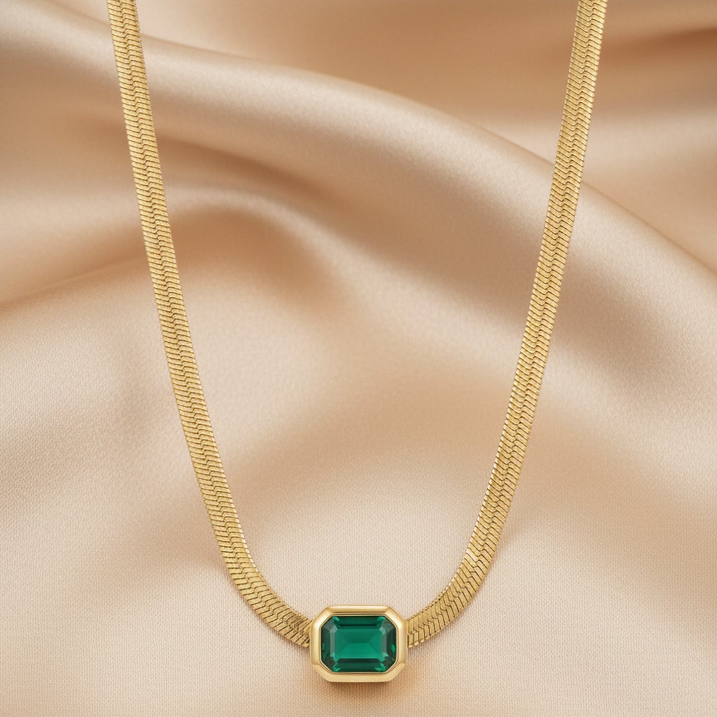 18K Gold Plated Green Emerald-Cut CZ Herringbone Chain Necklace
