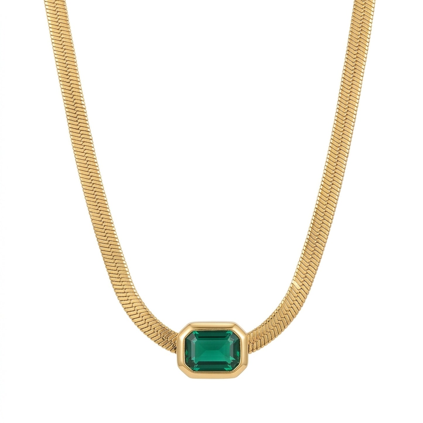 18K Gold Plated Green Emerald-Cut CZ Herringbone Chain Necklace