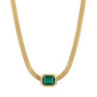 18K Gold Plated Green Emerald-Cut CZ Herringbone Chain Necklace