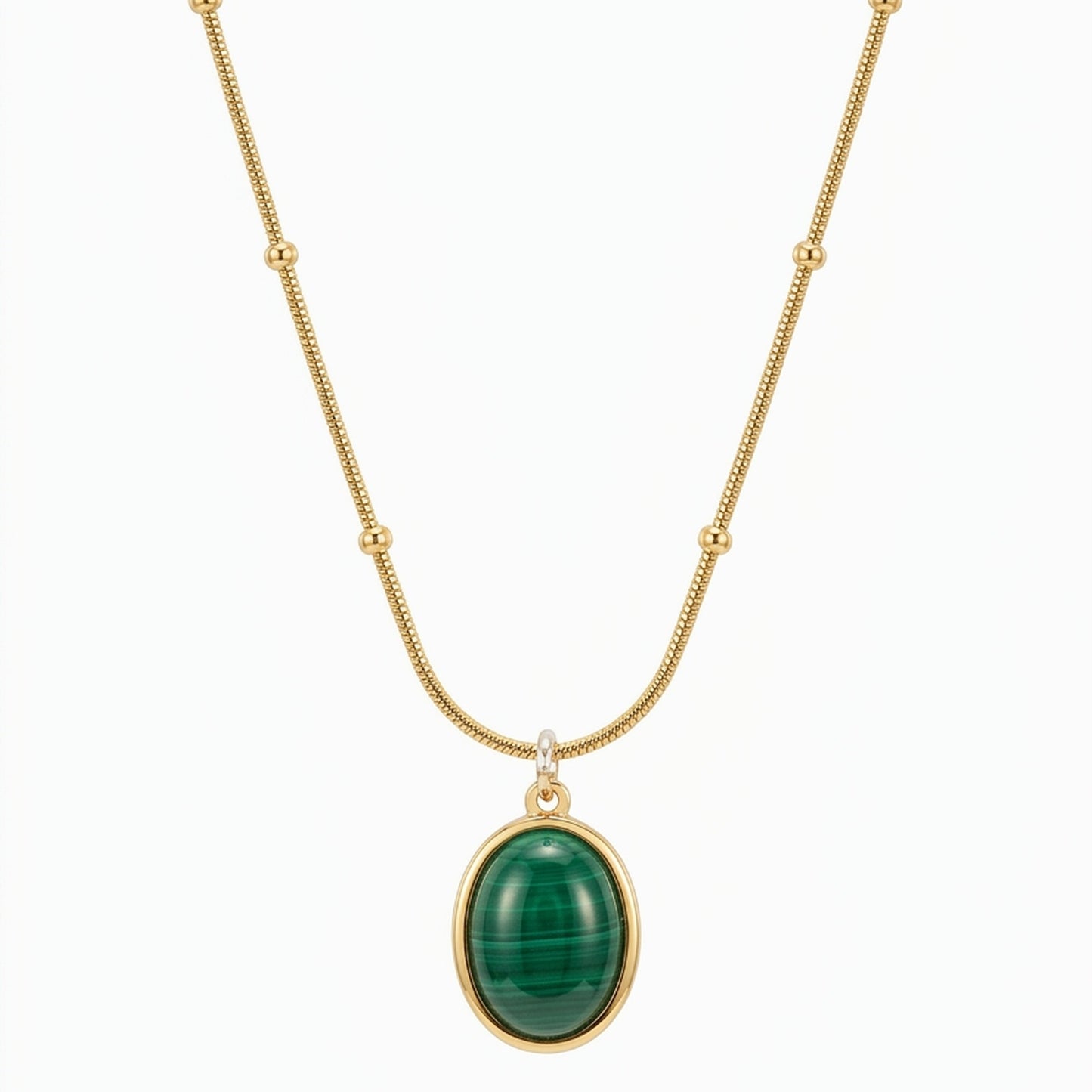 18K Gold Plated Green Malachite Oval Pendant Satellite Chain Necklace