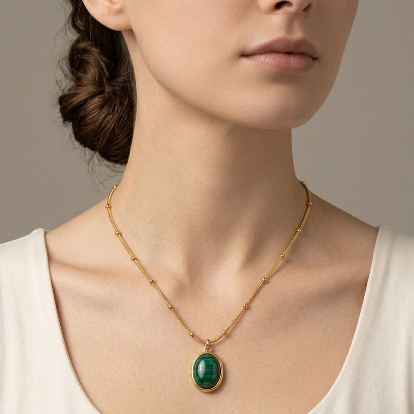 18K Gold Plated Green Malachite Oval Pendant Satellite Chain Necklace