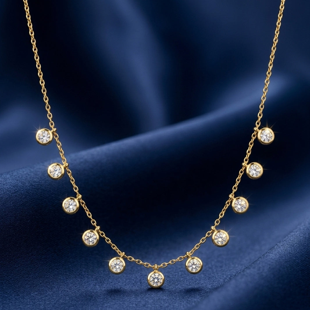 18K Gold Plated Multi CZ Bezel Drop Station Necklace