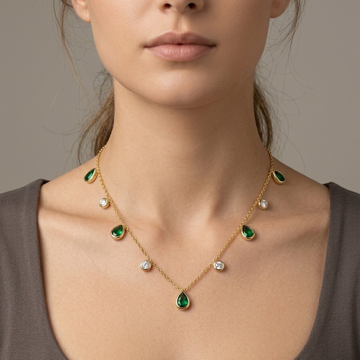 18K Gold Plated Green Pear & White CZ Alternating Drop Necklace