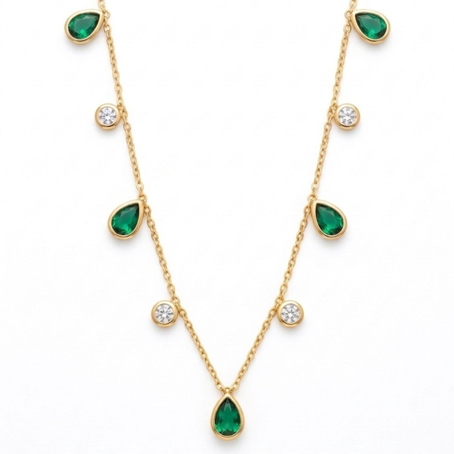 18K Gold Plated Green Pear & White CZ Alternating Drop Necklace