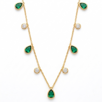 18K Gold Plated Green Pear & White CZ Alternating Drop Necklace