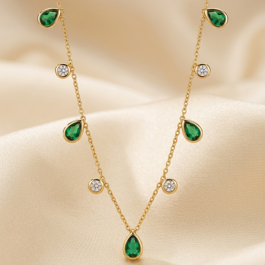 18K Gold Plated Green Pear & White CZ Alternating Drop Necklace
