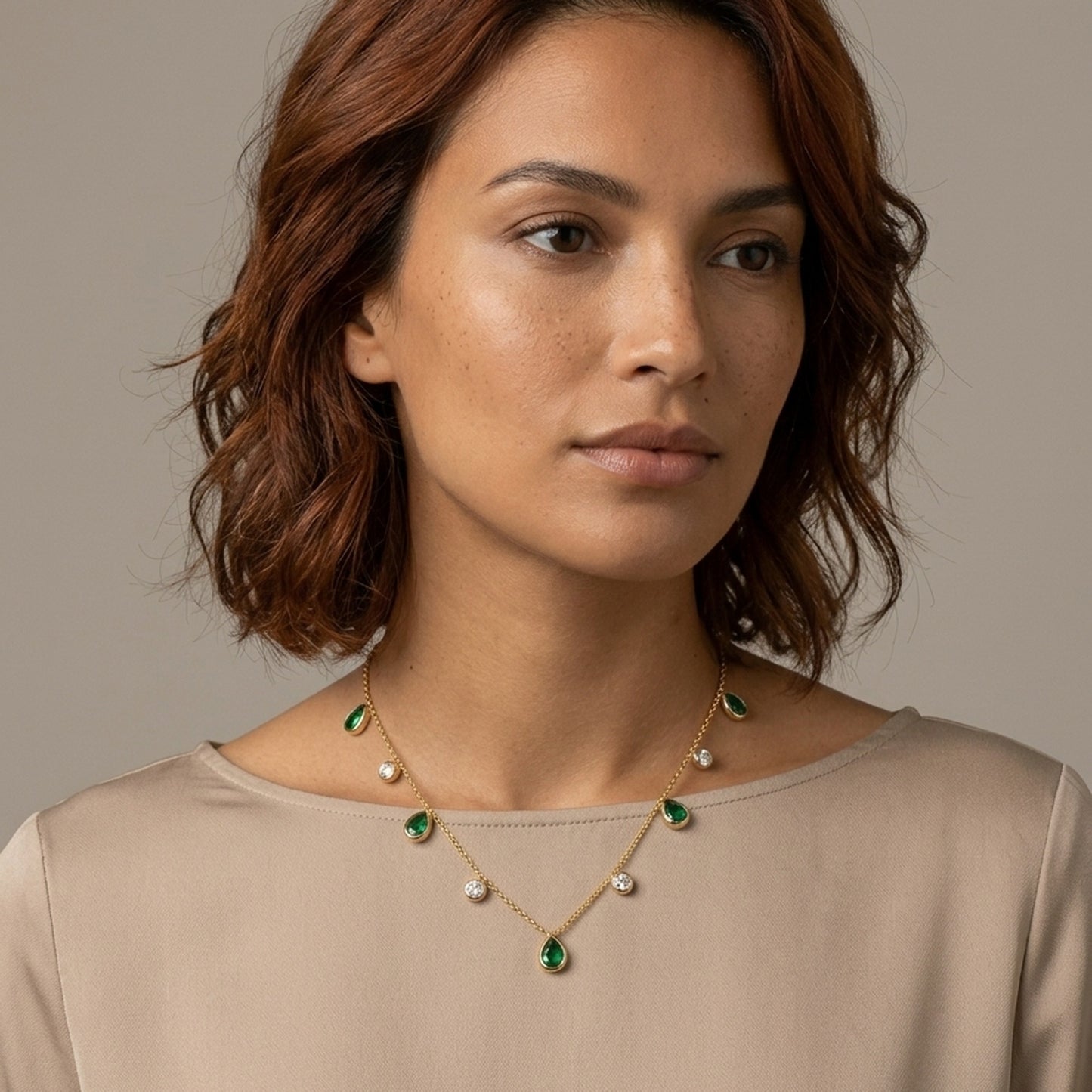 18K Gold Plated Green Pear & White CZ Alternating Drop Necklace