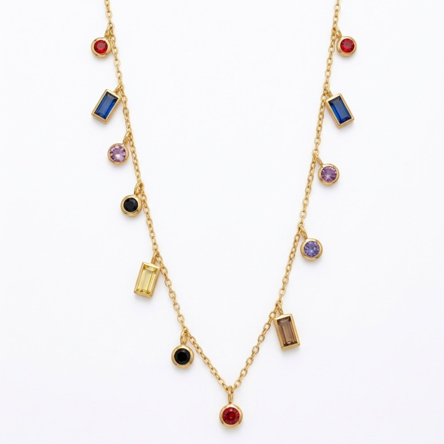 18K Gold Plated Multicolour Mixed-Cut CZ Charm Drop Necklace