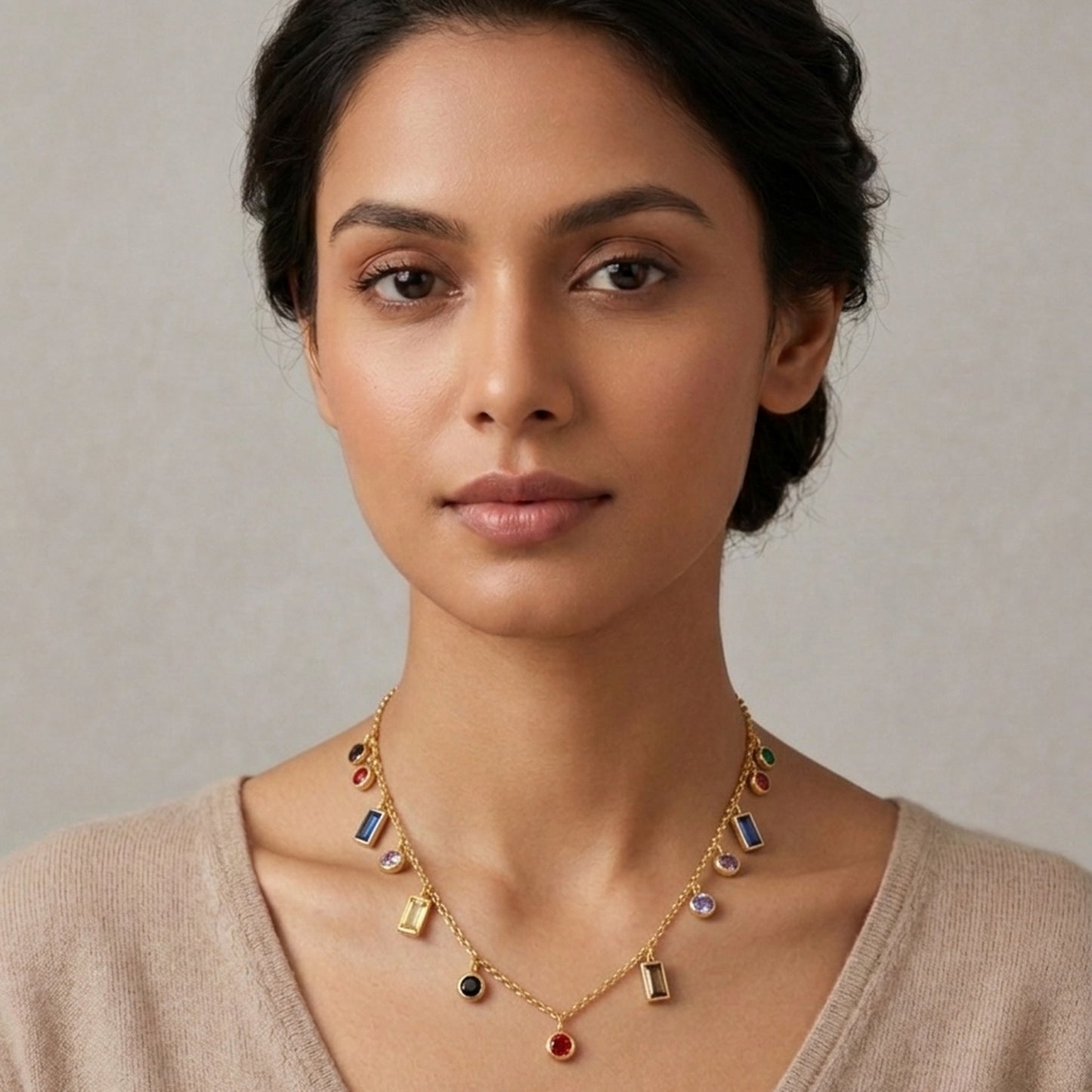 18K Gold Plated Multicolour Mixed-Cut CZ Charm Drop Necklace