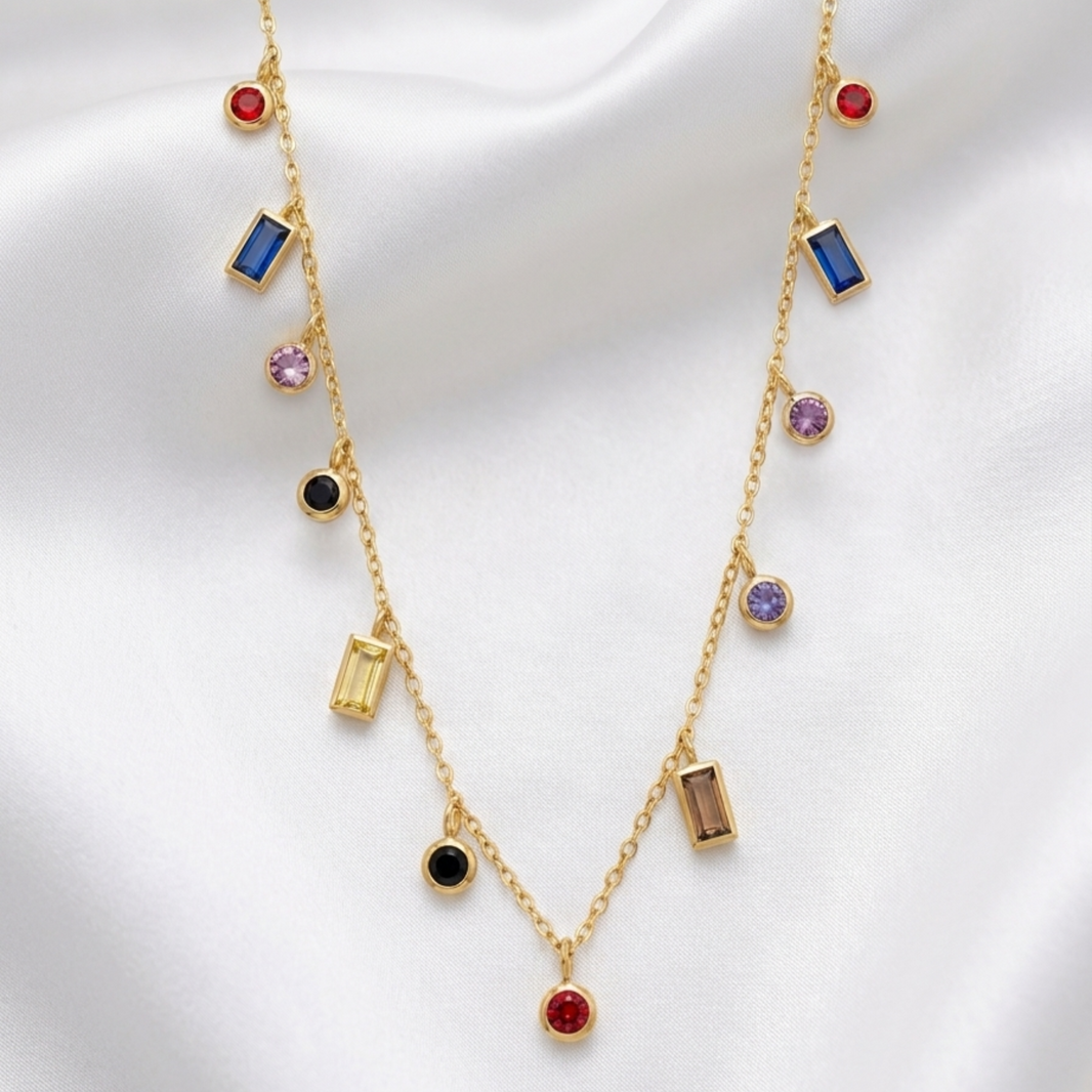 18K Gold Plated Multicolour Mixed-Cut CZ Charm Drop Necklace