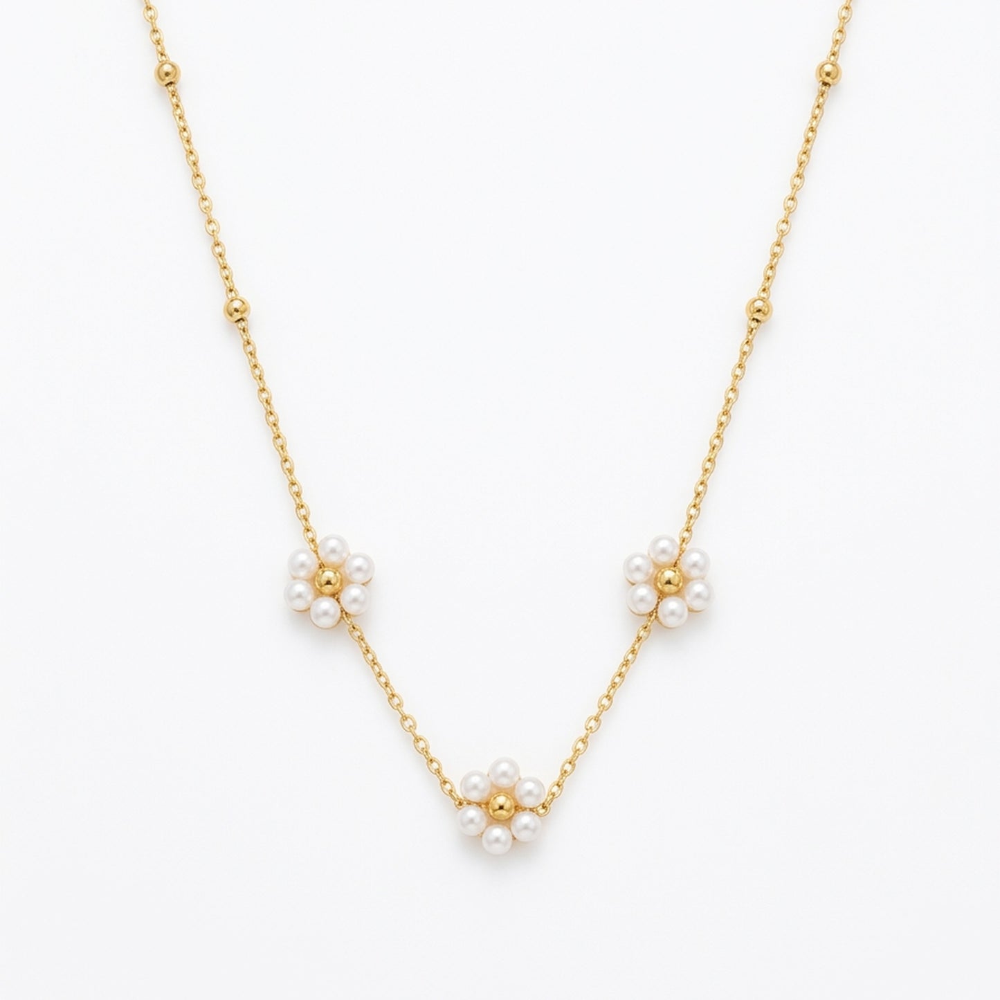 18K Gold Plated Triple Pearl Flower Satellite Chain Necklace
