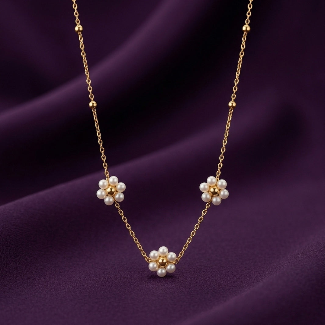 18K Gold Plated Triple Pearl Flower Satellite Chain Necklace
