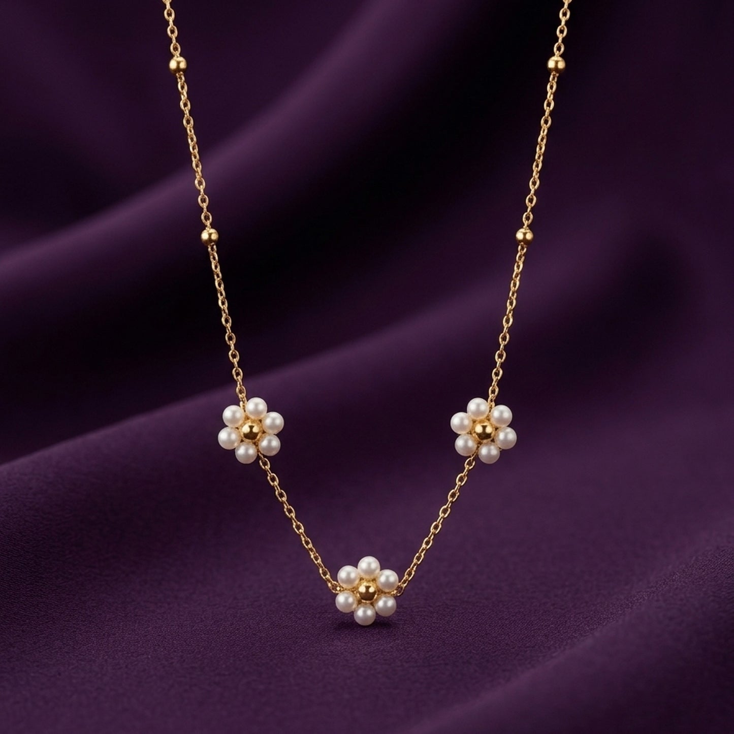 18K Gold Plated Triple Pearl Flower Satellite Chain Necklace