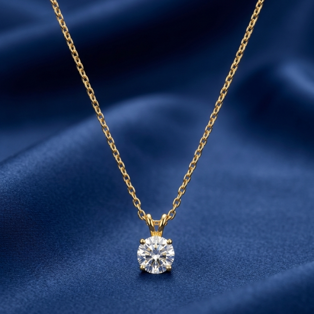 18K Gold Plated Solitaire Round CZ Four-Prong Pendant Necklace