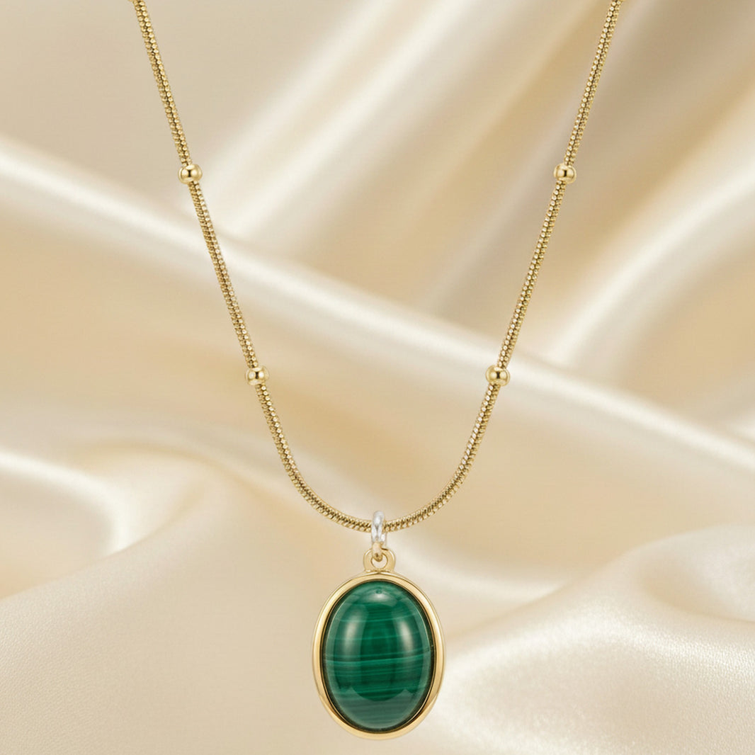 18K Gold Plated Green Malachite Oval Pendant Satellite Chain Necklace