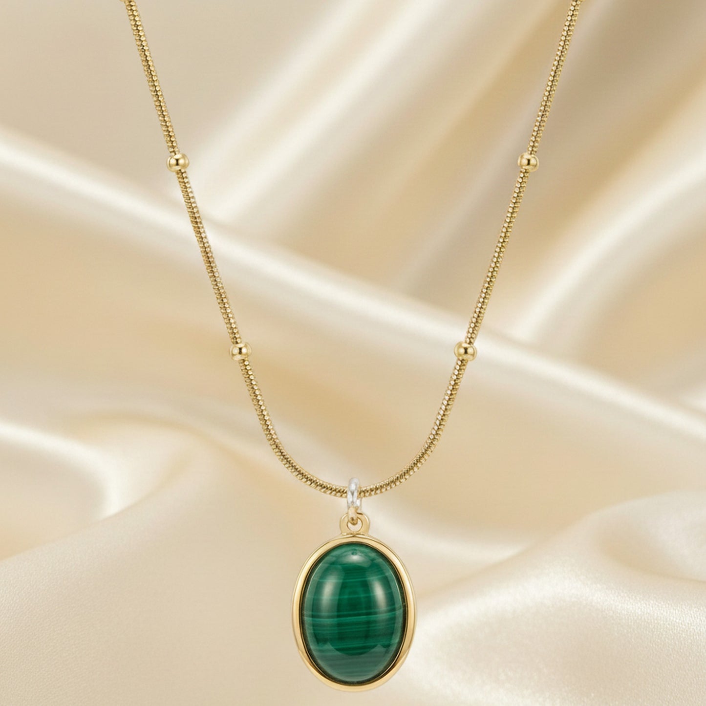 18K Gold Plated Green Malachite Oval Pendant Satellite Chain Necklace
