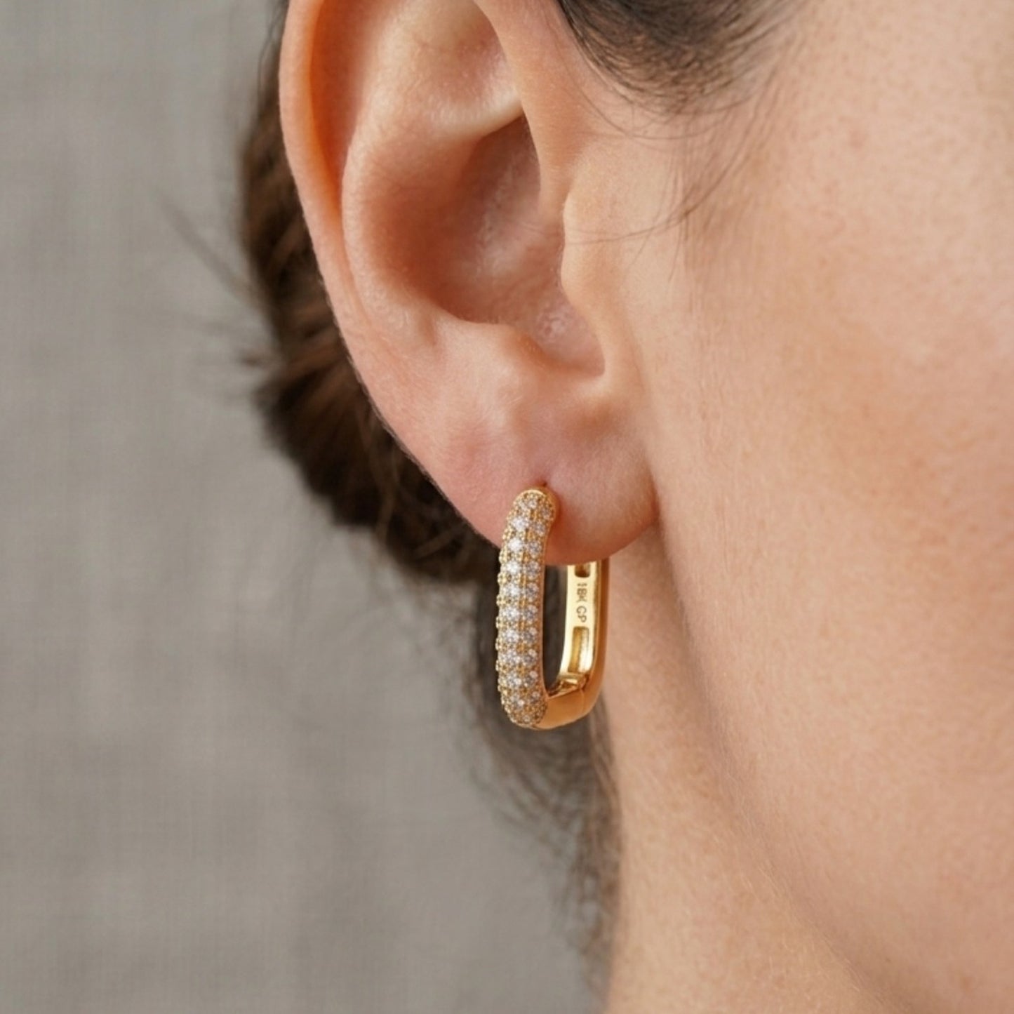 18K Gold Plated Rectangular Huggie Hoops Full Pavé CZ Earrings