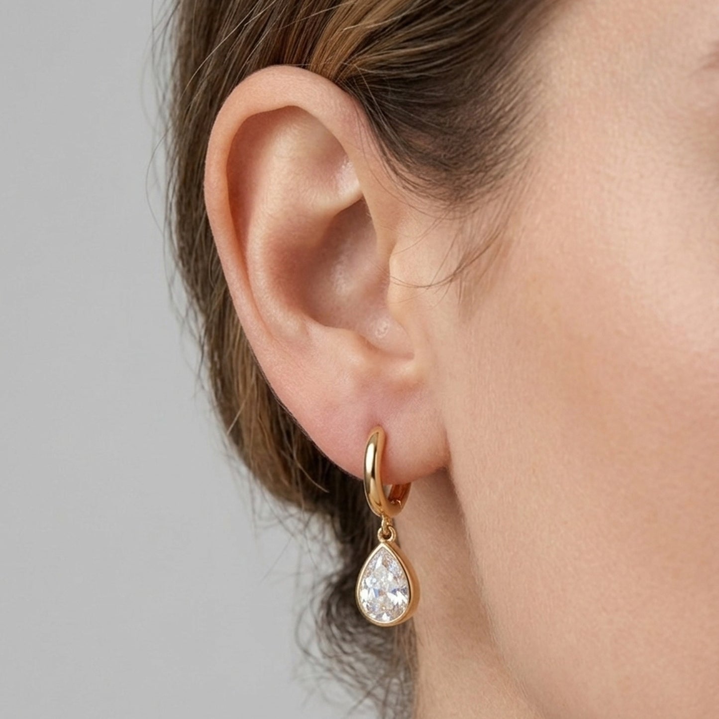 18K Gold Plated Hoop with Pear CZ Bezel Drop Earrings