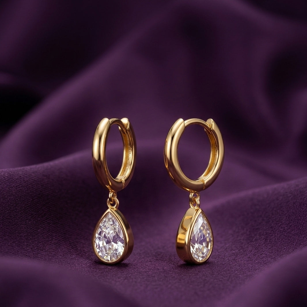 18K Gold Plated Hoop with Pear CZ Bezel Drop Earrings