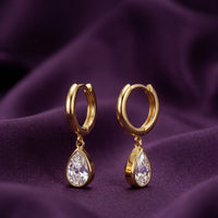 18K Gold Plated Hoop with Pear CZ Bezel Drop Earrings